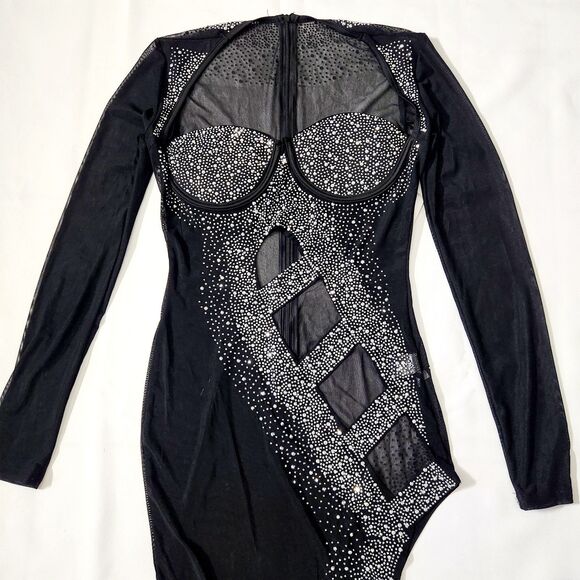 Deja Vu Dress Size M Long Sleeve Sheer Cutout Formal Dress Black High Slit Gems - Picture 6 of 13